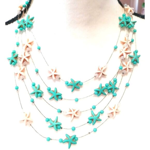 Nautical Ocean Starfish Bead Necklace Statement Bib Floating Wire Blue White - Picture 5 of 5